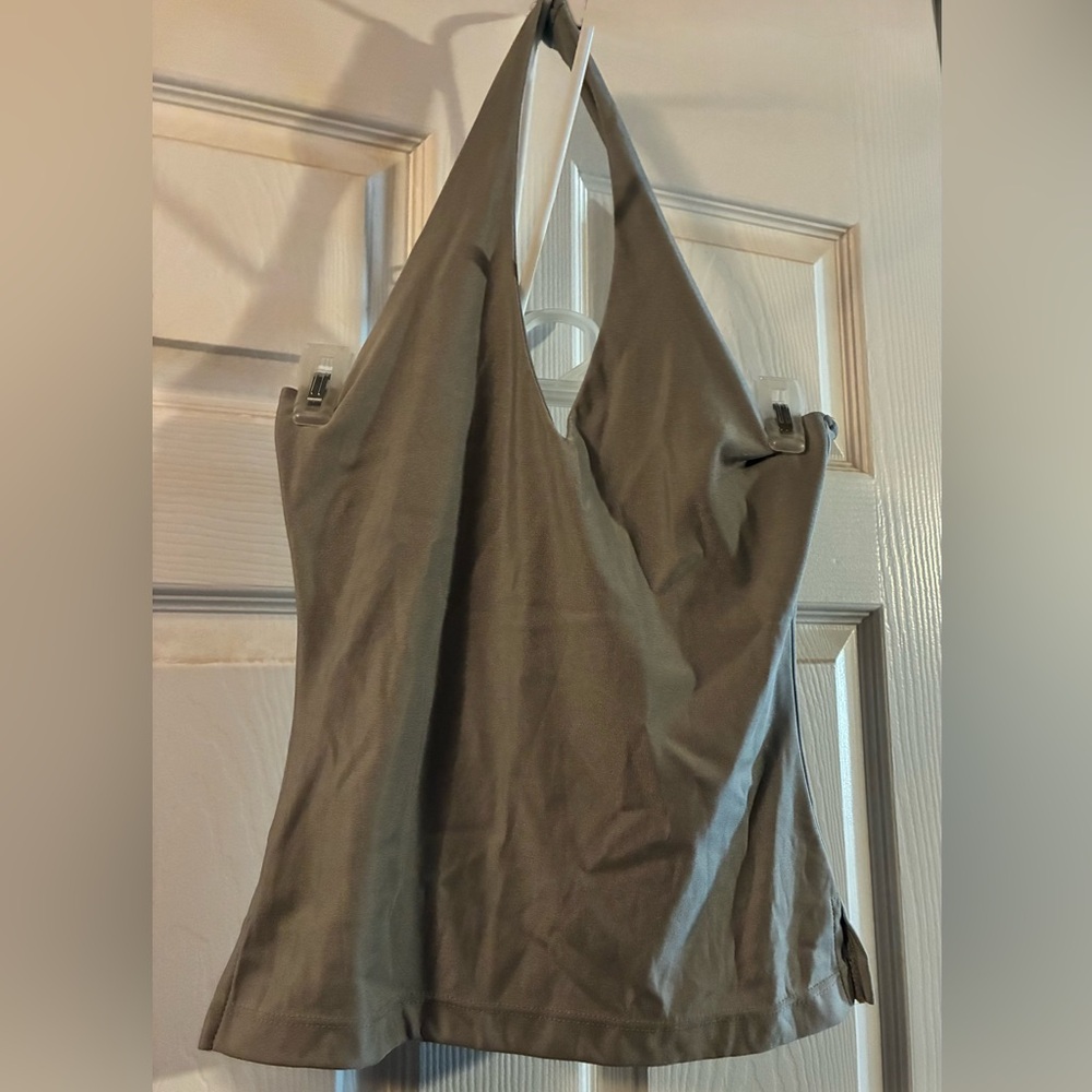 Silver Gray Shiny Halter Crop Top with Side Slits on Bottom Hem